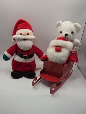 2 Santas Claus Toy - Red Sleigh White Bear. Vintage